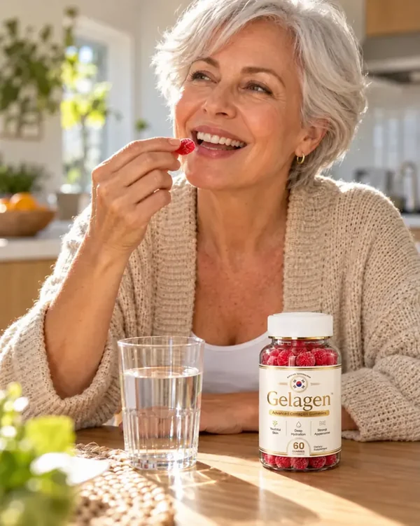 Woman taking Gelagen skin care gummies with a glass of water