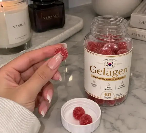 Gelagen skin care gummies bottle with gummies in hand